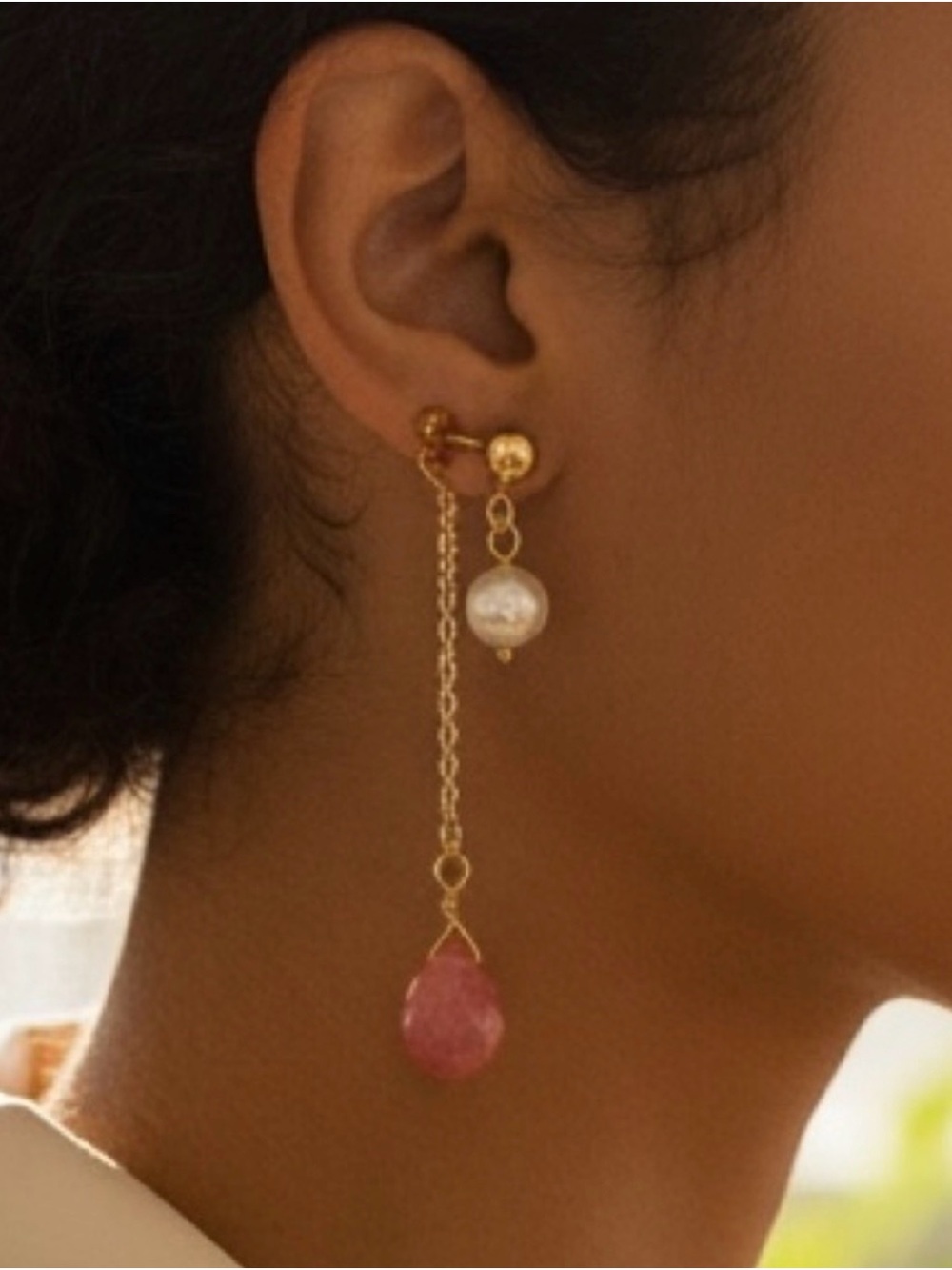 Gold Pearl and Pink Drop Dangle Earrings - Women Jewelry